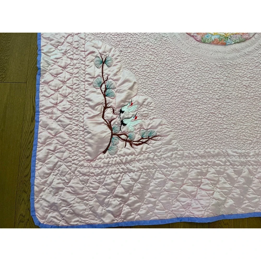 Vintage Asian Satin Wedding Quilt Pink Crane Embroidery Bedspread 80x80 Handmade